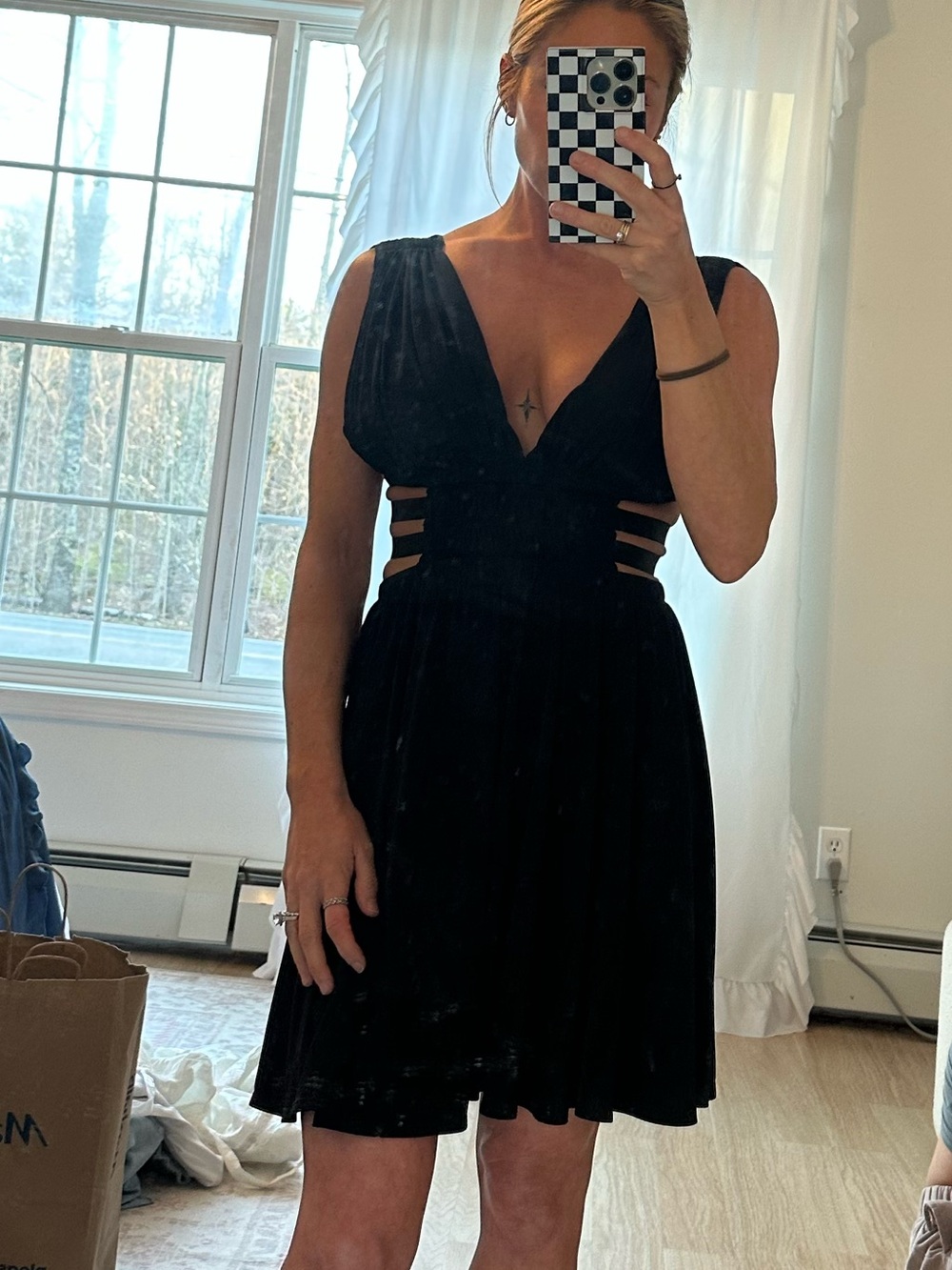Express Black V-Neck Mini Dress with Side Cutouts